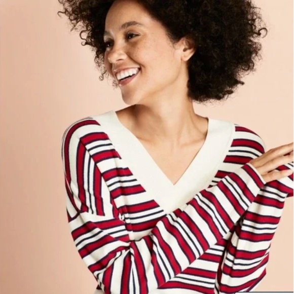 Brooks Brothers Red White Navy Striped V-Neck Oversized Sweater Size Medium - Picture 2 of 10